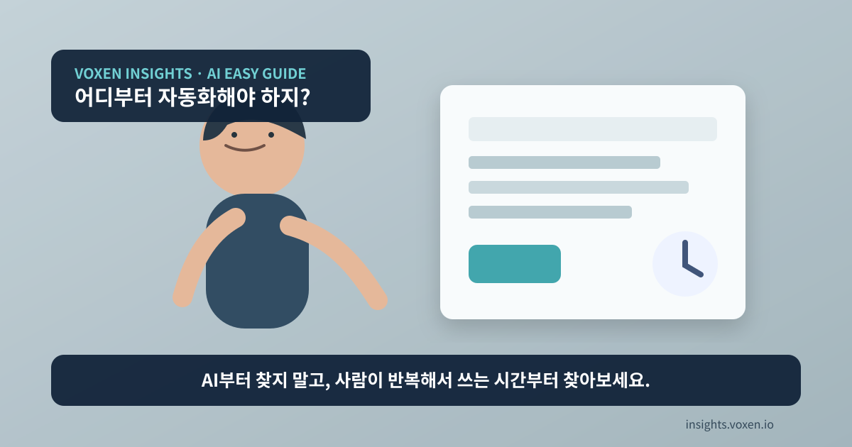 컴퓨터 앞에서 반복 업무 목록과 시간을 살펴보며 자동화할 일을 고민하는 사무실 실무자